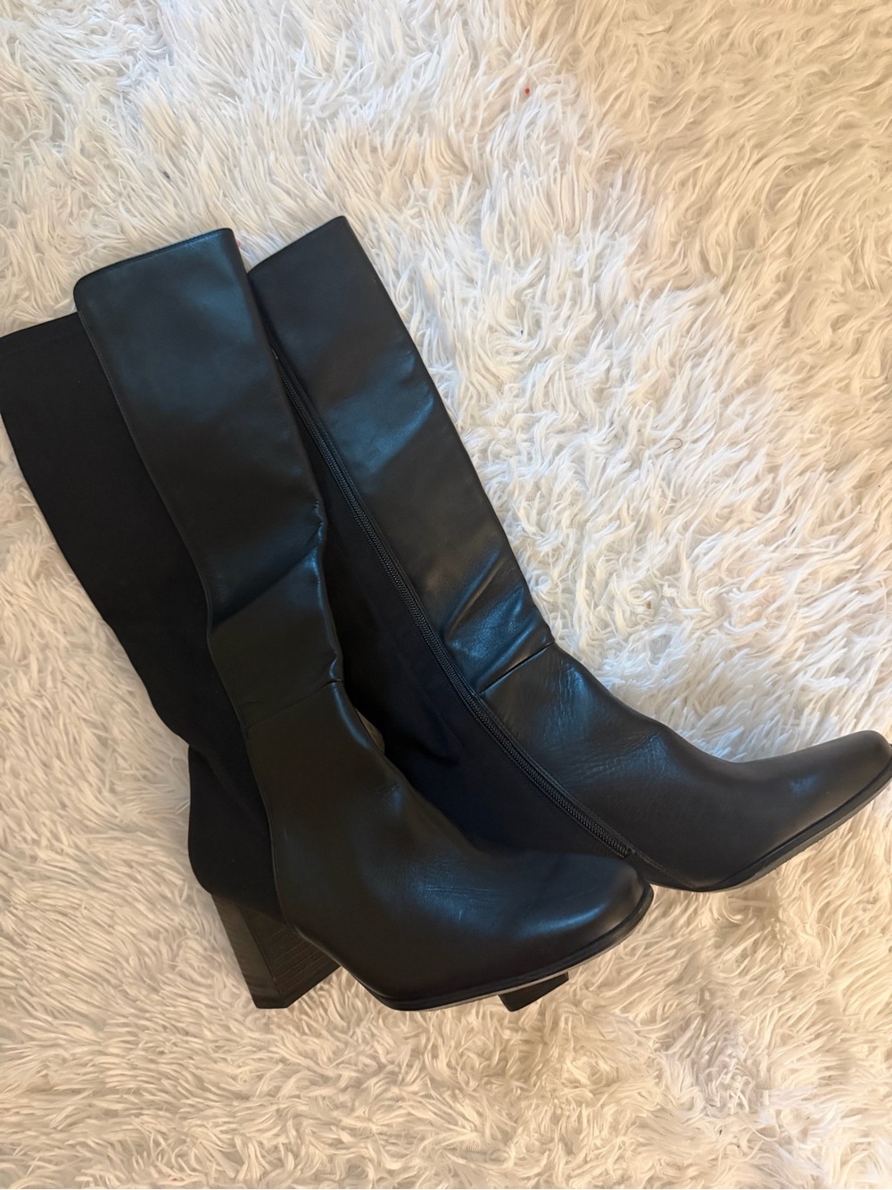 Paul Green Black Leather Knee High Boots US 10 Block Heel Zip NWOB